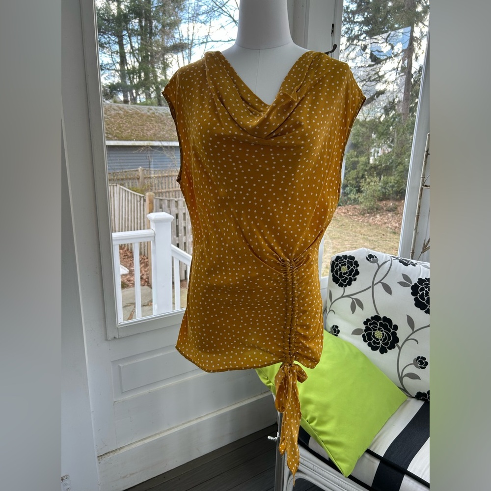 Anthropologie Maeve 100% Silk Mustard with Cream Polka Dot Cap Sleeve Cowl Top